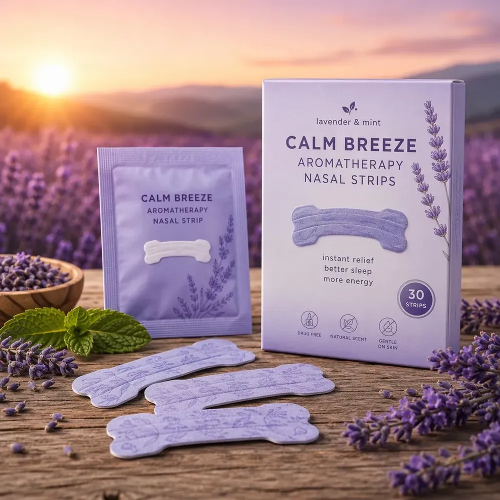 Produttore su misura di strisce nasali profumate — Nastro nasale traspirante aromaterapico OEM Lavanda Menta Eucalipto all'ingrosso | HLK