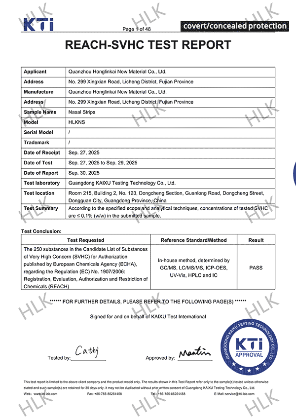 Nasal Strips REACH Analysis Certificate